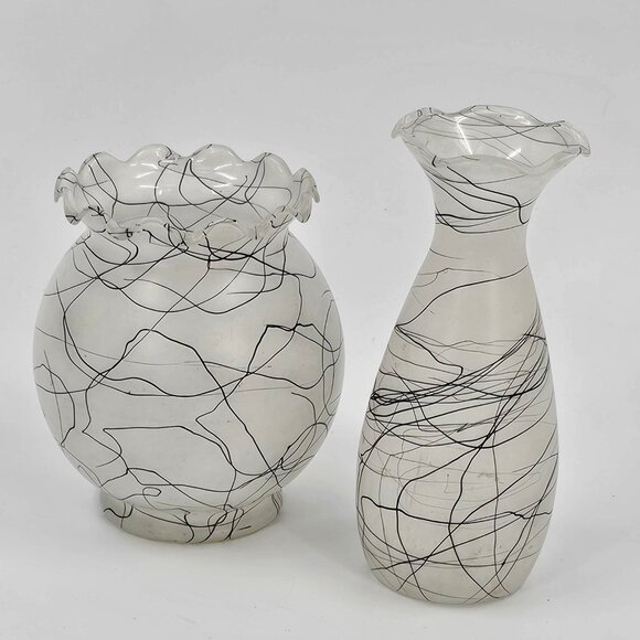 Pair of Vintage Anchor Hocking Frosted DRIZZLE Glass Vases Spaghetti String MCM - Picture 5 of 8